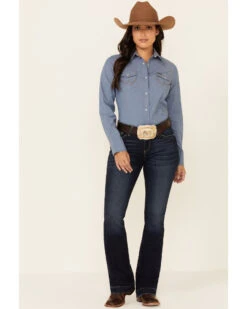 Wrangler Women's Solid Chambray Denim Long Sleeve Snap Western Core Shirt -Deals Wild Cowgirl Style Store 2000223225 400 P2
