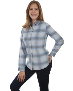 Honey Creek By Scully Women's Blue Corduroy Plaid Long Sleeve Top