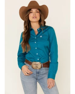 Cinch Women's Teal Solid Button Front Long Sleeve Western Shirt -Deals Wild Cowgirl Style Store 2000330809 442 P1