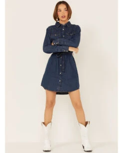 Wrangler Women's Dark Denim Washed Long Sleeve Western Shirt Dress 9 Wrangler Women's Dark Denim Washed Long Sleeve Western Shirt Dress -Deals Wild Cowgirl Style Store 2000334318 402 P1