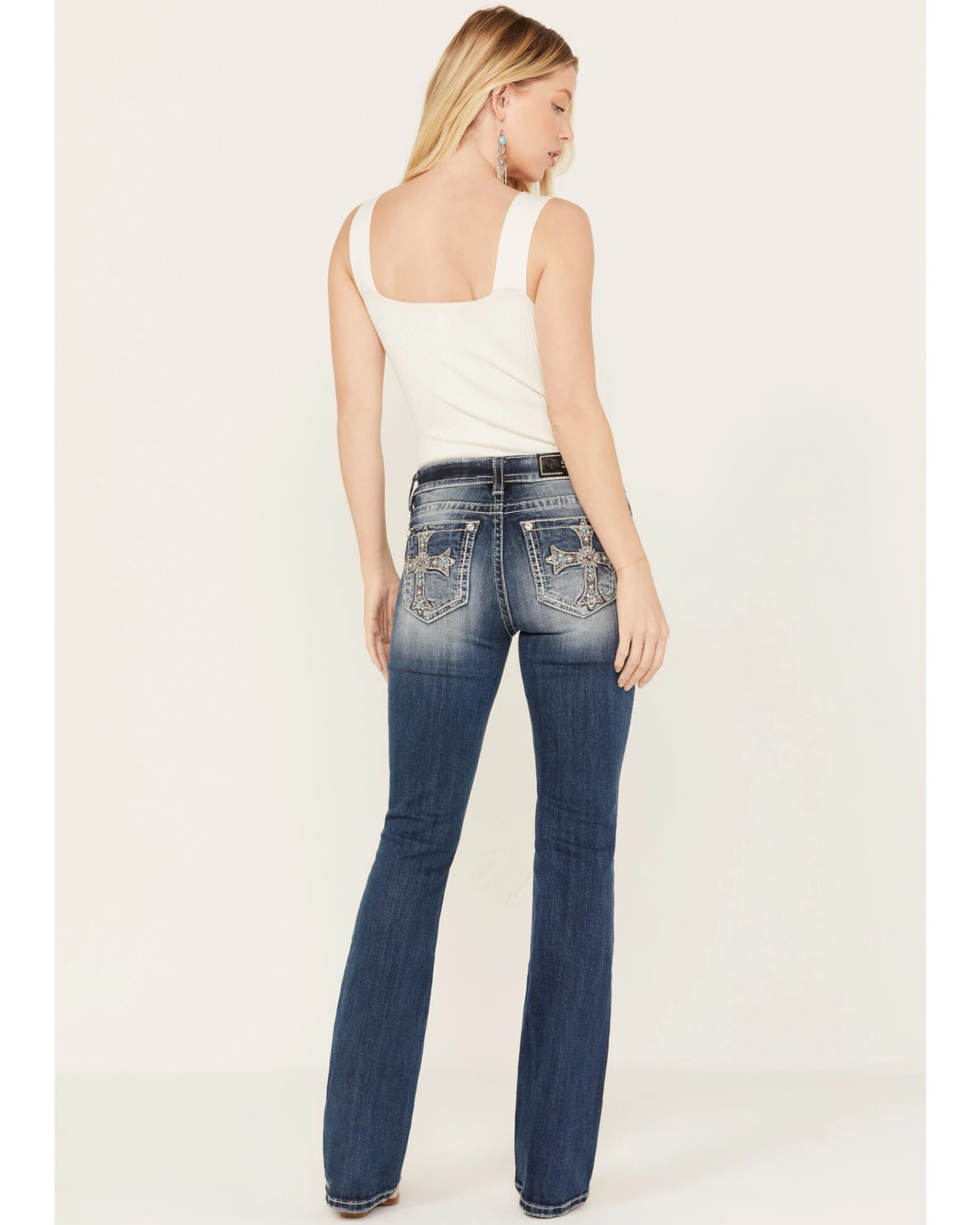 Miss Me Women's Dark Wash Lurex Embroidered Cross Non-Flap Pocket Tapered Bootcut Jeans 6 Miss Me Women's Dark Wash Lurex Embroidered Cross Non-Flap Pocket Tapered Bootcut Jeans - Image 4