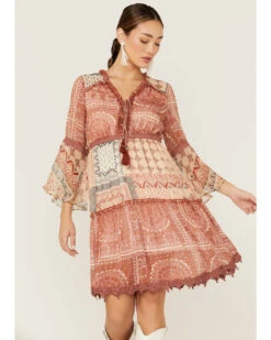 Miss Me Women's Patchwork Button Front Bell Sleeve Dress -Deals Wild Cowgirl Style Store 2000366082 220 P1