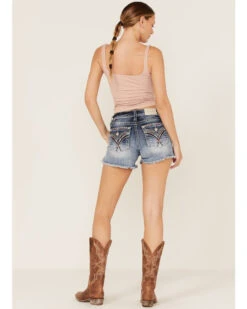 Miss Me Women's Dark Wash Southwestern Arrow Rhinestone Embroidered Denim Shorts -Deals Wild Cowgirl Style Store 2000369031 414 P1