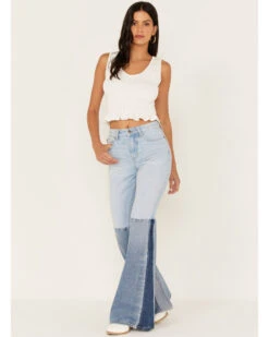 Shyanne Women's Two Tone Seamed Light Wash High Rise Flare Jeans -Deals Wild Cowgirl Style Store 2000373381 416 P1