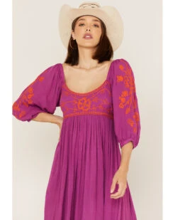 Free People Women's Wedgewood Embroidered Long Puff Sleeve Midi Dress -Deals Wild Cowgirl Style Store 2000374749 555 P2