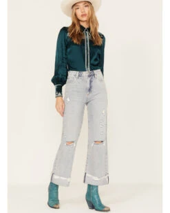 Ceros Women's Light Wash High Rise Distressed Wide Jeans 8 Ceros Women's Light Wash High Rise Distressed Wide Jeans -Deals Wild Cowgirl Style Store 2000379285 400 P1