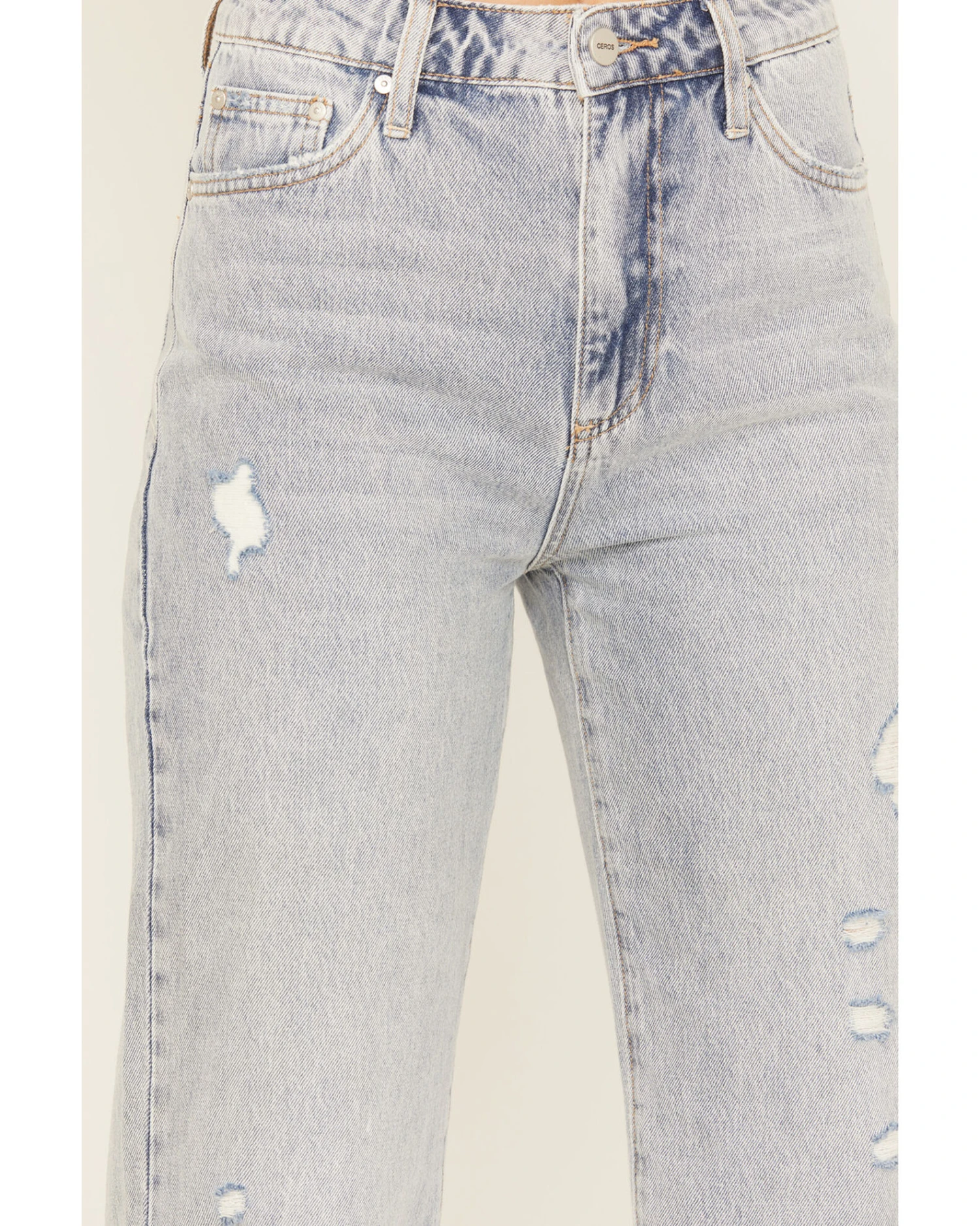 Ceros Women's Light Wash High Rise Distressed Wide Jeans 6 Ceros Women's Light Wash High Rise Distressed Wide Jeans - Image 4