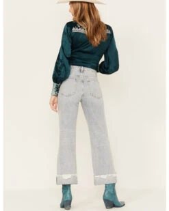 Ceros Women's Light Wash High Rise Distressed Wide Jeans