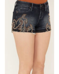 Shyanne Women's Dark Medium Wash Mid Rise Embroidered Stretch Denim Shorts -Deals Wild Cowgirl Style Store 2000382924 415 P2