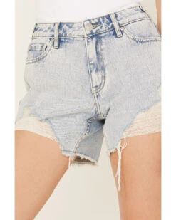 Cleo + Wolf Women's Light Wash Mid Rise Denim Distressed Shorts
