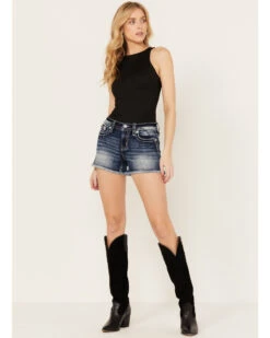 Miss Me Women's Medium Wash Mid Rise Floral Frayed Denim Shorts -Deals Wild Cowgirl Style Store 2000387019 414 P3