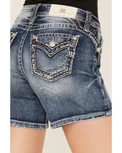 Miss Me Women's Dark Wash Mid Rise Border Cuffed Denim Shorts -Deals Wild Cowgirl Style Store 2000387025 416 P2