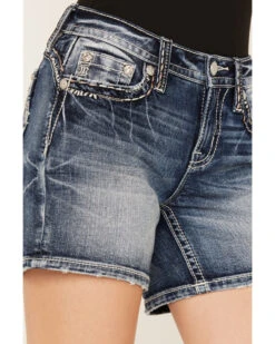 Miss Me Women's Dark Wash Mid Rise Border Cuffed Denim Shorts -Deals Wild Cowgirl Style Store 2000387025 416 P4