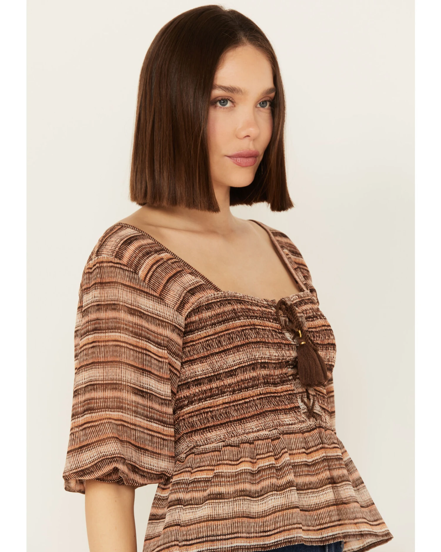 Shyanne Women's Smocked Lace-Up Print Top 2 Shyanne Women's Smocked Lace-Up Print Top