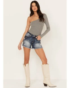 Miss Me Women's Dark Wash High Rise Star Paisley Patch Print Frayed Shorts -Deals Wild Cowgirl Style Store 2000388609 401 P1