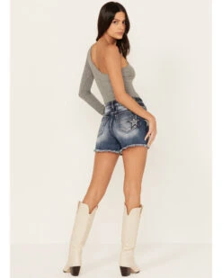 Miss Me Women's Dark Wash High Rise Star Paisley Patch Print Frayed Shorts -Deals Wild Cowgirl Style Store 2000388609 401 P3