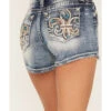 Miss Me Women's Medium Wash Mid Rise Leather Fleur De Lis Denim Shorts