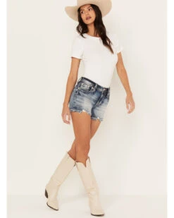 Miss Me Women's Medium Wash Mid Rise Leather Fleur De Lis Denim Shorts -Deals Wild Cowgirl Style Store 2000388610 414 P3