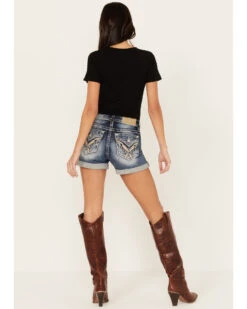 Miss Me Women's Dark Wash Mid Rise Wing Feather Double Roll Hem Shorts 9 Miss Me Women's Dark Wash Mid Rise Wing Feather Double Roll Hem Shorts -Deals Wild Cowgirl Style Store 2000388618 401 P1