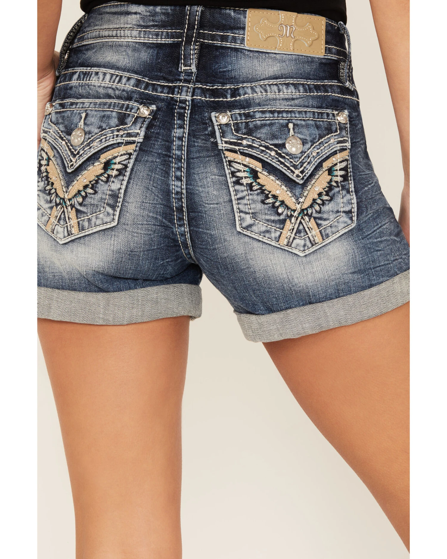 Miss Me Women's Dark Wash Mid Rise Wing Feather Double Roll Hem Shorts 5 Miss Me Women's Dark Wash Mid Rise Wing Feather Double Roll Hem Shorts - Image 3