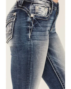 Miss Me Women's Dark Wash Mid Rise Floral Paisley Winged Stretch Bootcut Jeans -Deals Wild Cowgirl Style Store 2000388623 401 P4