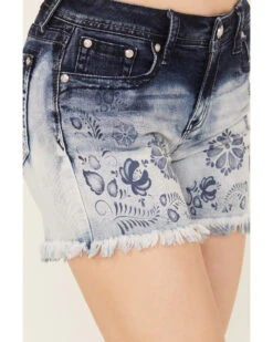 Grace In LA Women's Medium Wash Mid Rise Two Toned Floral Frayed Hem Denim Shorts -Deals Wild Cowgirl Style Store 2000388998 400 P2