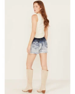 Grace In LA Women's Medium Wash Mid Rise Two Toned Floral Frayed Hem Denim Shorts