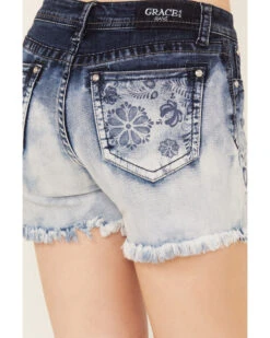 Grace In LA Women's Medium Wash Mid Rise Two Toned Floral Frayed Hem Denim Shorts -Deals Wild Cowgirl Style Store 2000388998 400 P4